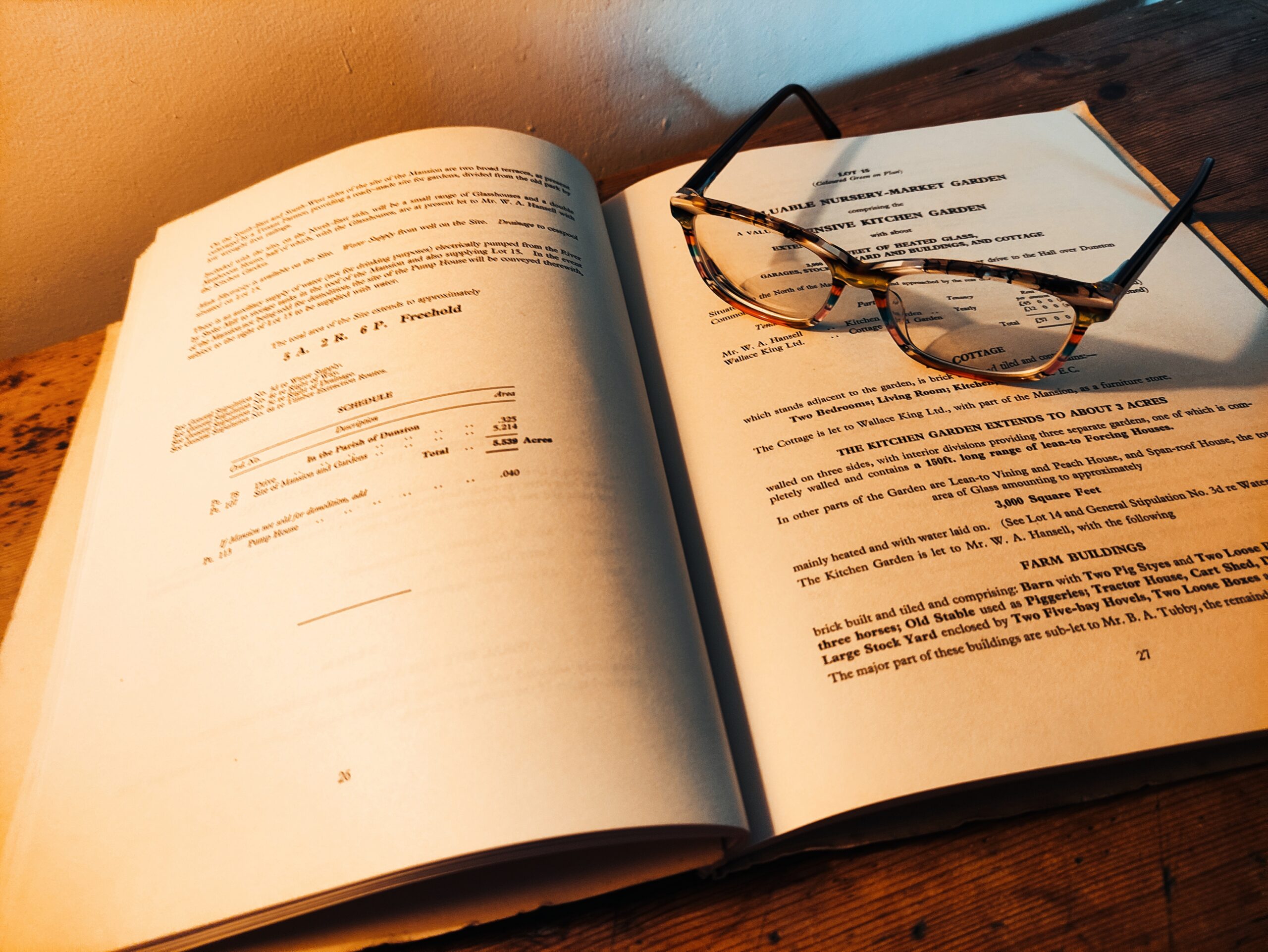 Multi coloured glasses resting on page of an old book